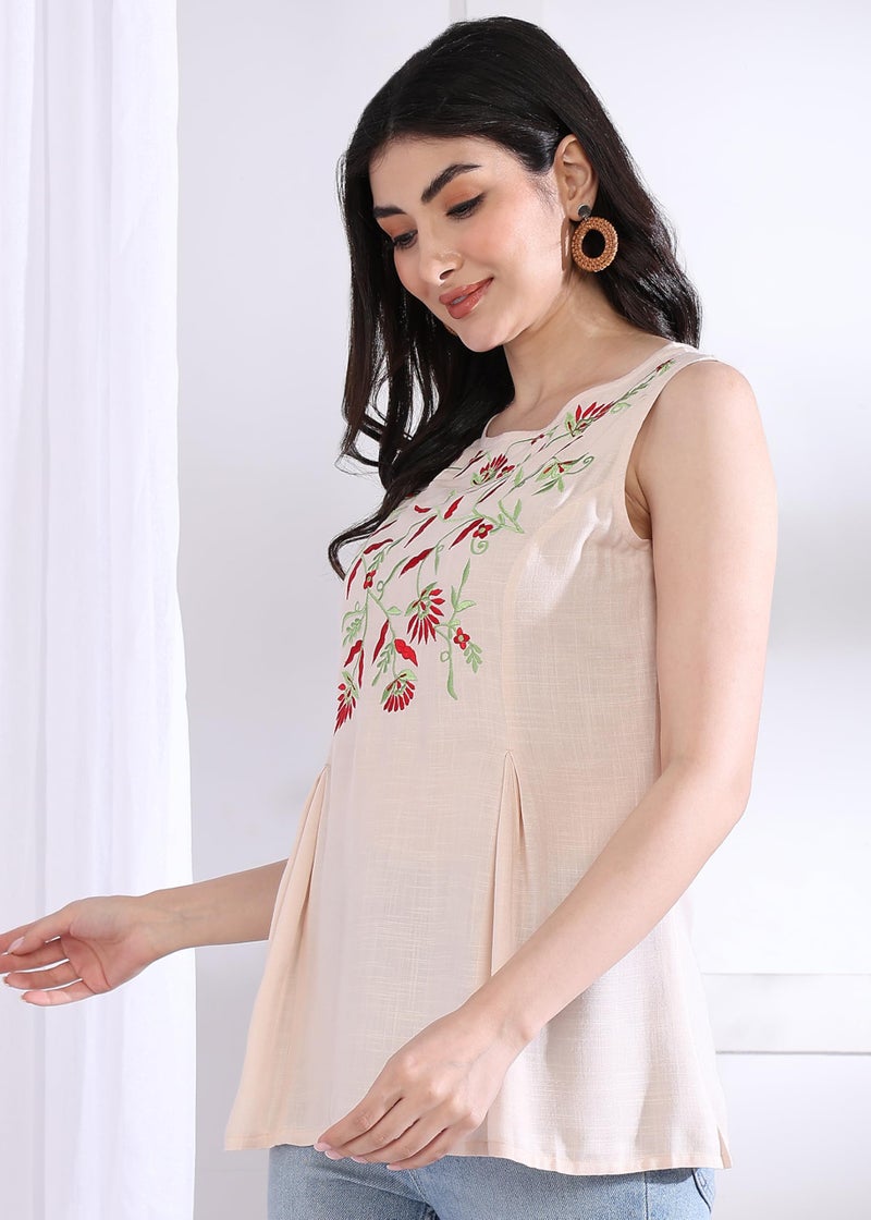 Yash Gallery Women's Rayon Slub Embroidered Straight Regular Fit Top for Women (OFFWHITE) - Image 3
