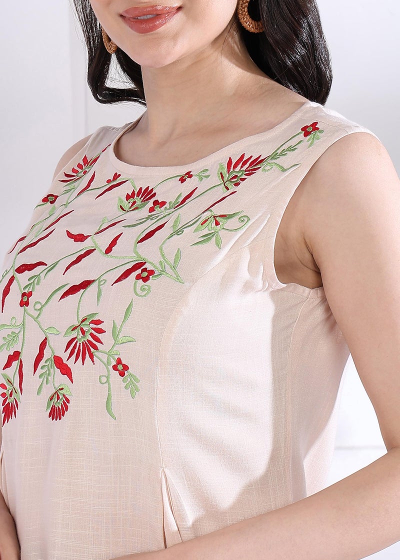 Yash Gallery Women's Rayon Slub Embroidered Straight Regular Fit Top for Women (OFFWHITE) - Image 5