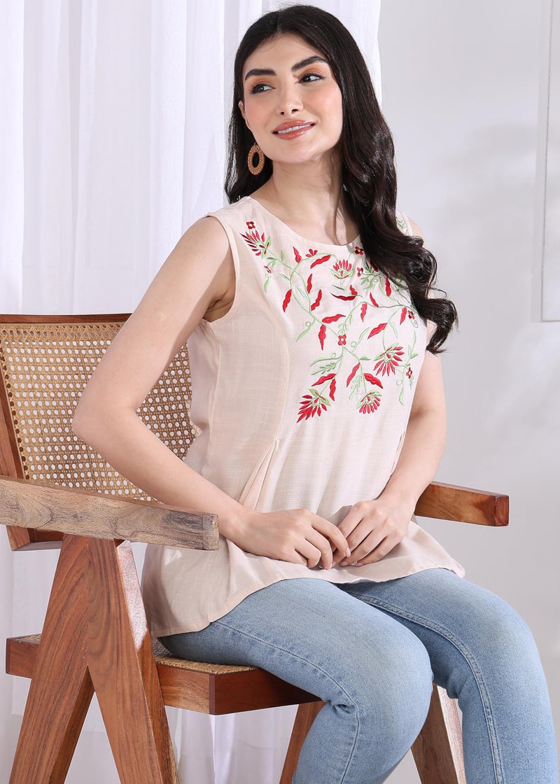 Yash Gallery Women's Rayon Slub Embroidered Straight Regular Fit Top for Women (OFFWHITE) - Image 2