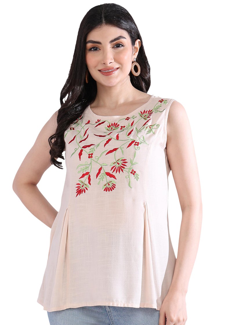 Yash Gallery Women's Rayon Slub Embroidered Straight Regular Fit Top for Women (OFFWHITE) - Image 1