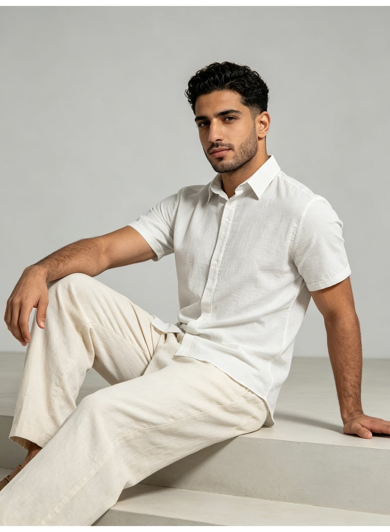 زارا ZARA Men’s White Textured Short Sleeve Button Down Casual Shirt - Image 2