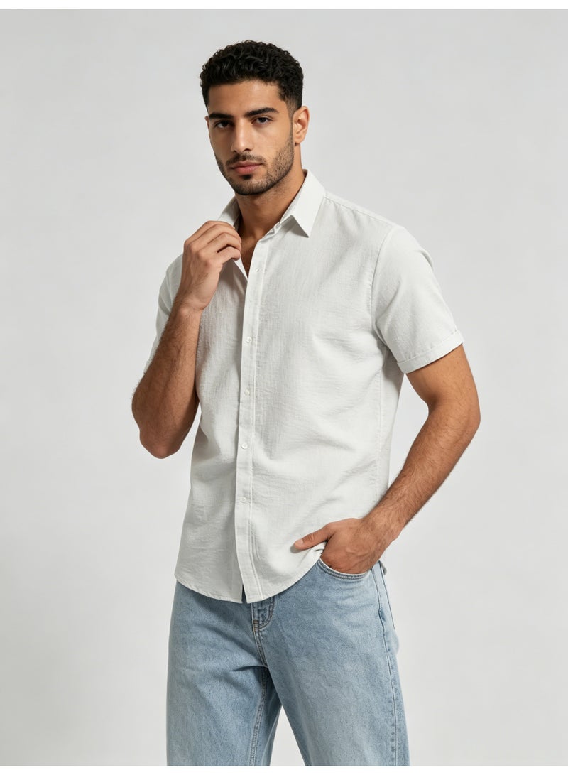 زارا ZARA Men’s White Textured Short Sleeve Button Down Casual Shirt - Image 1