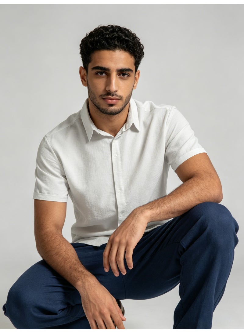 زارا ZARA Men’s White Textured Short Sleeve Button Down Casual Shirt - Image 4