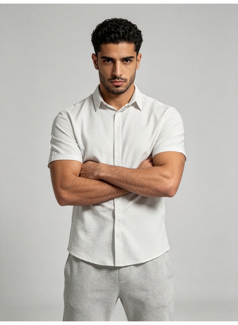 زارا ZARA Men’s White Textured Short Sleeve Button Down Casual Shirt - Image 3