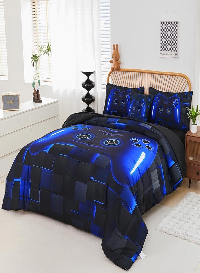PERFEMET 6 Pieces Kids Game Comforter Set Full Size Blue Gamer Bedding Set for Boys Teen 3D Cool Black Video Gaming Bed in A Bag with Sheets(Blue, Full) - Image 2