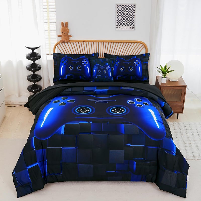 PERFEMET 6 Pieces Kids Game Comforter Set Full Size Blue Gamer Bedding Set for Boys Teen 3D Cool Black Video Gaming Bed in A Bag with Sheets(Blue, Full) - Image 1