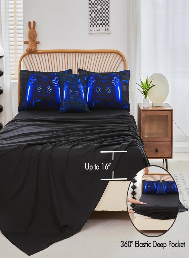 PERFEMET 6 Pieces Kids Game Comforter Set Full Size Blue Gamer Bedding Set for Boys Teen 3D Cool Black Video Gaming Bed in A Bag with Sheets(Blue, Full) - Image 5