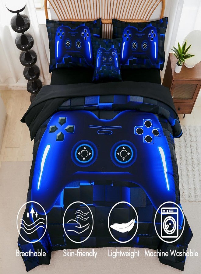 PERFEMET 6 Pieces Kids Game Comforter Set Full Size Blue Gamer Bedding Set for Boys Teen 3D Cool Black Video Gaming Bed in A Bag with Sheets(Blue, Full) - Image 4