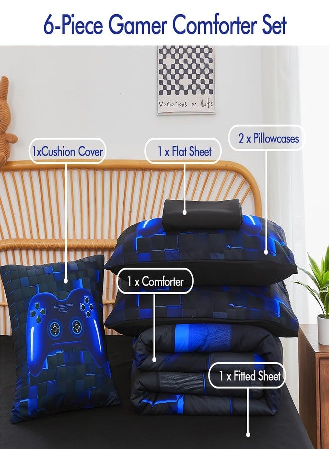 PERFEMET 6 Pieces Kids Game Comforter Set Full Size Blue Gamer Bedding Set for Boys Teen 3D Cool Black Video Gaming Bed in A Bag with Sheets(Blue, Full) - Image 3