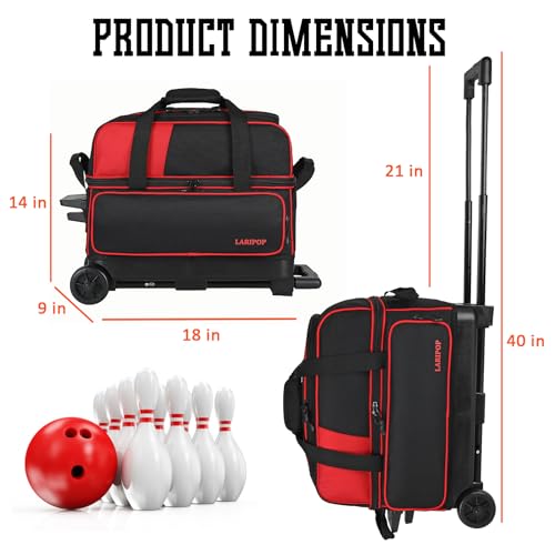 LARIPOP Dual Roller 2-Ball Bowling Bag, Featuring a Separate Large Shoe Compartment Capable of Accommodating Bowling Shoes, a 3-Section Telescopic Handle that Extends Up to 40" Designed for Travel. - Image 2