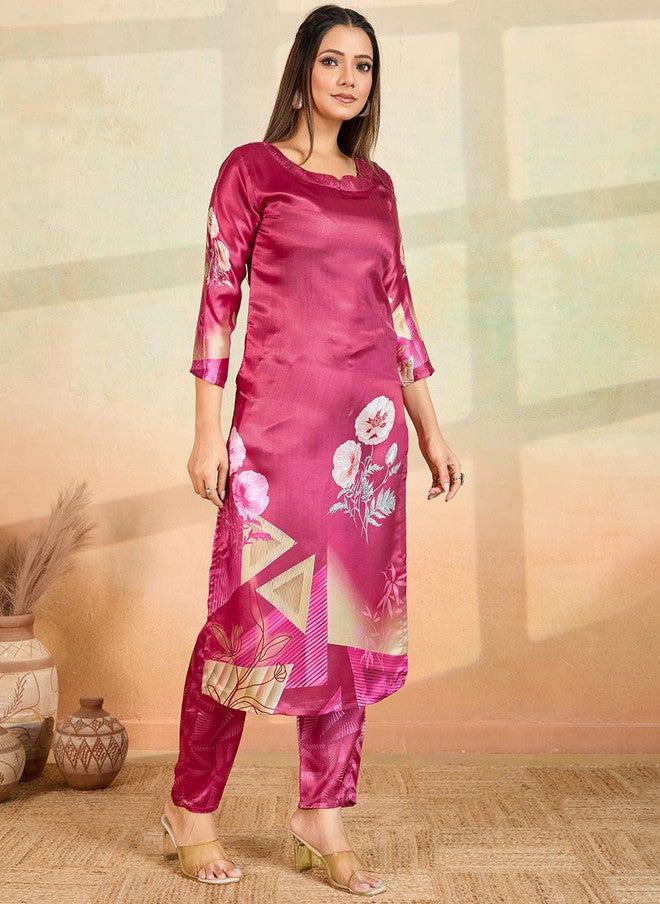 Women Basket Floral Printed Satin Kurta with Trousers in Pink & Beige - Image 3