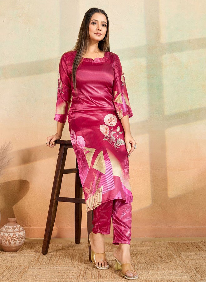 Women Basket Floral Printed Satin Kurta with Trousers in Pink & Beige - Image 5