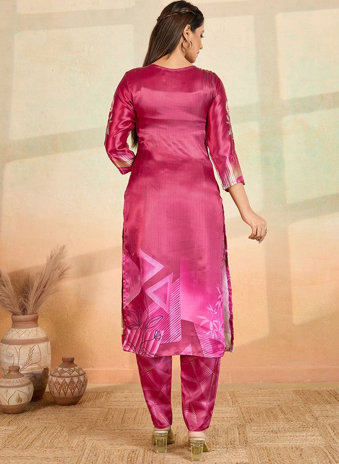 Women Basket Floral Printed Satin Kurta with Trousers in Pink & Beige - Image 4