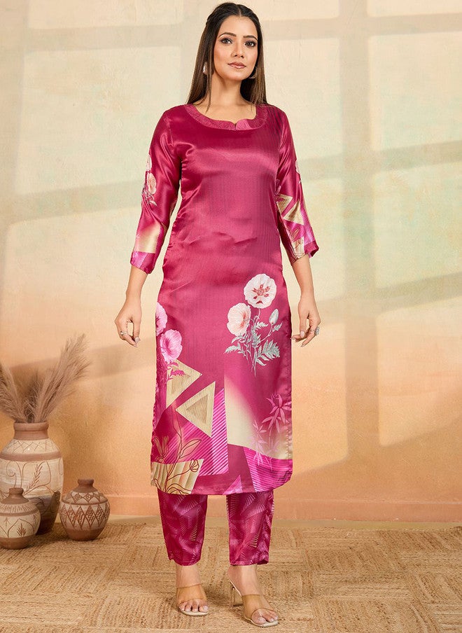 Women Basket Floral Printed Satin Kurta with Trousers in Pink & Beige - Image 1