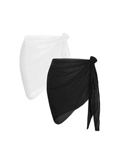 2pcs Women Beach Sarong Bathing Suit Wrap Bikini Cover Short Skirt Chiffon Scarf for Swimwear Black&White