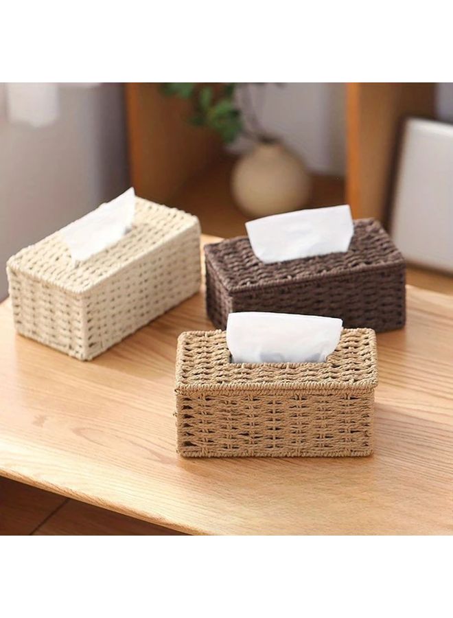 حامل علبة المناديل المربعة منسوج يدويًا بلون القهوة بتصميم الخوص البوهيمي العتيق - Image 3