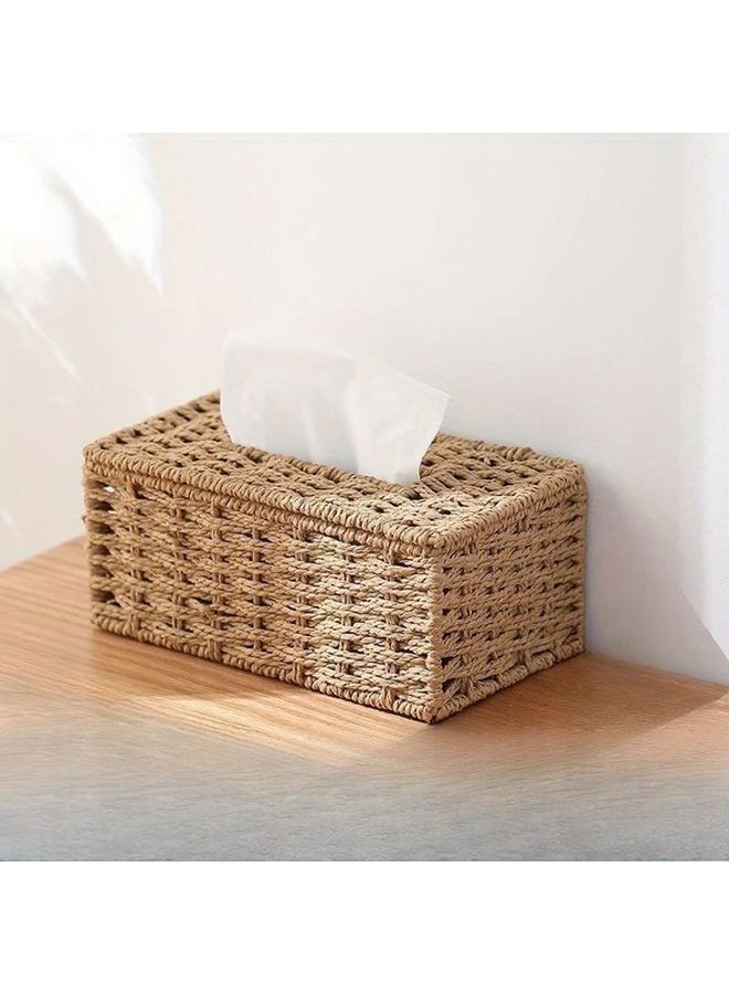 حامل علبة المناديل المربعة منسوج يدويًا بلون القهوة بتصميم الخوص البوهيمي العتيق - Image 2