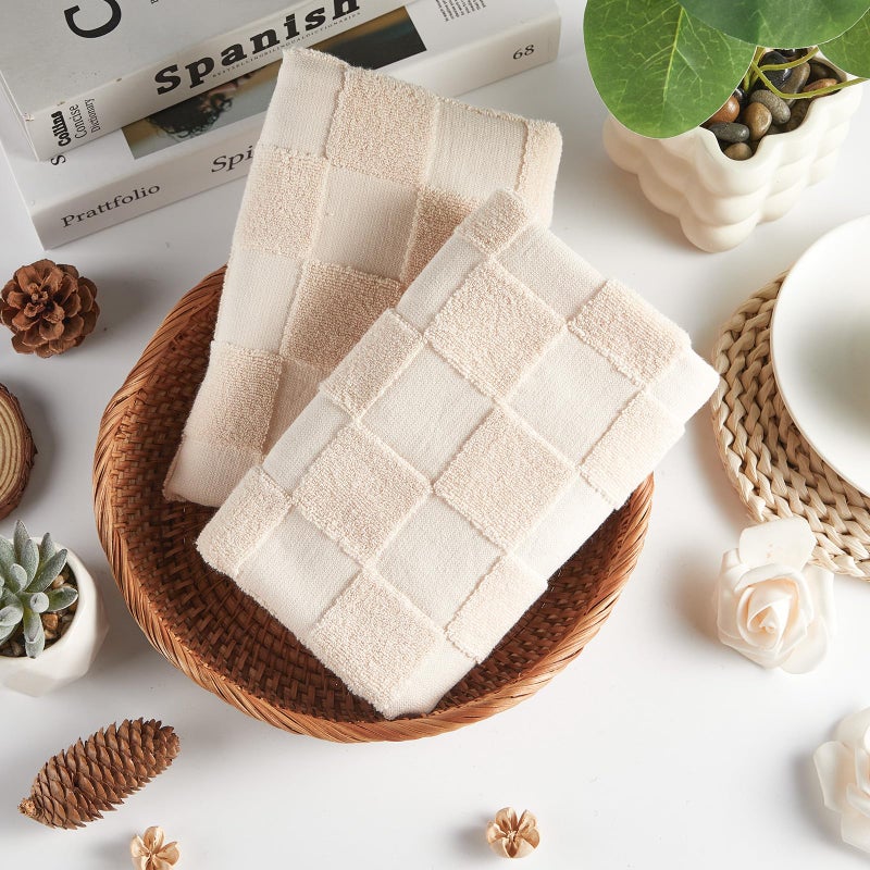 Bornerwhite 2 Pack 3D Checkered Bathroom Hand Towels 100% Cotton Soft Absorbent Decorative Soft Decorative Towel for Bathroom Home Cleaning Kitchen Gift 13.7x29.5 Inch (Beige) - Image 5