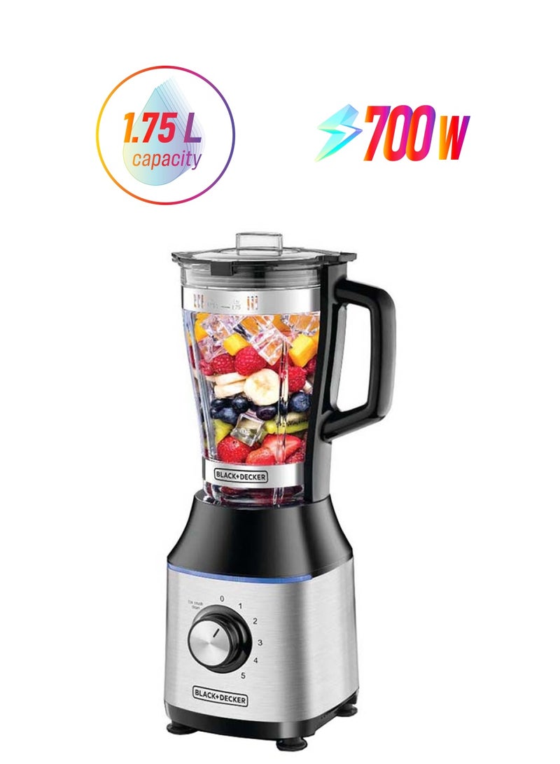 BLACK+DECKER High-Speed Premium Blender, Durable Glass Jar, Powerful Motor, 3 Speed Settings, Pulse Function, Ice Crushing Capability, Easy Clean Design, 1.75 L 700 W BX650G-B5 Black/Silver - Image 1