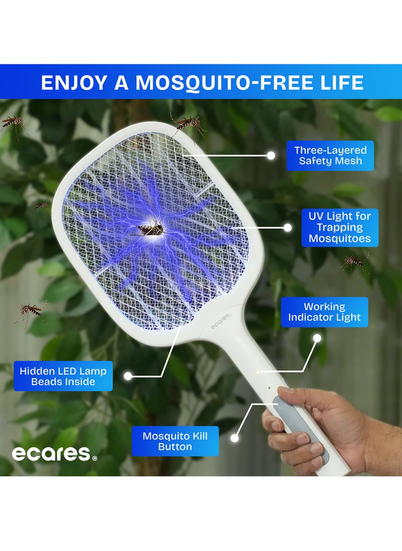 ECARES® Electric Bug Zapper, Mosquito Swatter, Instant Fly Swatter, Rechargeable Racket, Fly Killer, Heavy Duty, USB Rechargeable, 3 Layers Safety Mesh, Intelligent Trapping Mosquitoes, Indoor Outdoor
