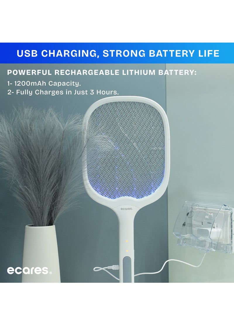 ECARES® Electric Bug Zapper, Mosquito Swatter, Instant Fly Swatter, Rechargeable Racket, Fly Killer, Heavy Duty, USB Rechargeable, 3 Layers Safety Mesh, Intelligent Trapping Mosquitoes, Indoor Outdoor