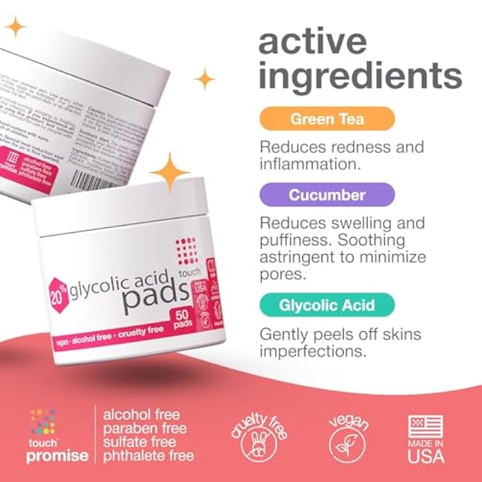 TOUCH 20% Glycolic Acid Pads Exfoliating And Resurfacing AHA Peel Face Wipes - Great for Dullness, Pores, Scars, Fine Wrinkles, Uneven Skin Tone & Texture, 50 Count - Image 3