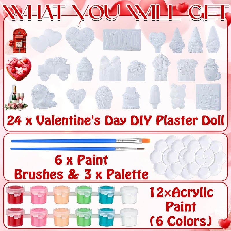 YLOLUL 24 Piece Valentineâ€™s Day DIY Ceramic Painting Kit Unfinished Heart Rose Gnome Figurines, Paint Your Own Ceramic Crafts for Valentine Decorations, Party Favors, Romantic Gift Projects - Image 4