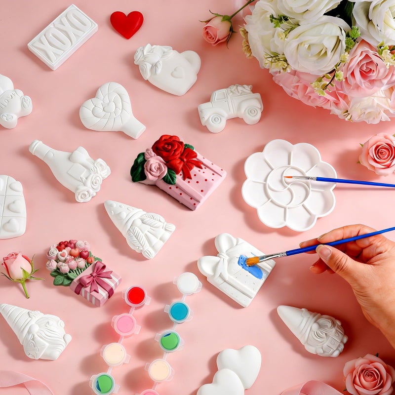 YLOLUL 24 Piece Valentineâ€™s Day DIY Ceramic Painting Kit Unfinished Heart Rose Gnome Figurines, Paint Your Own Ceramic Crafts for Valentine Decorations, Party Favors, Romantic Gift Projects - Image 2