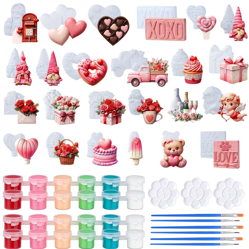 YLOLUL 24 Piece Valentineâ€™s Day DIY Ceramic Painting Kit Unfinished Heart Rose Gnome Figurines, Paint Your Own Ceramic Crafts for Valentine Decorations, Party Favors, Romantic Gift Projects - Image 1