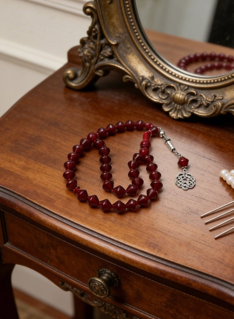 Nariele 33 Pcs Wine Red Faceted Diamond Muslim Tasbih Prayer Beads Vintage Silver Hollow Islamic Pendant Adjustable Portable Dhikr Counting Rosary For Home Mosque Worship Single Pack - Image 2