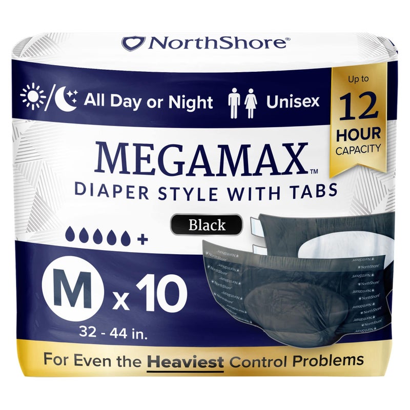 NorthShore MegaMax Adult Overnight Diapers 12Hour TabStyle Medium 10 Count Bag Black 3244 inches Unisex Incontinence Underwear