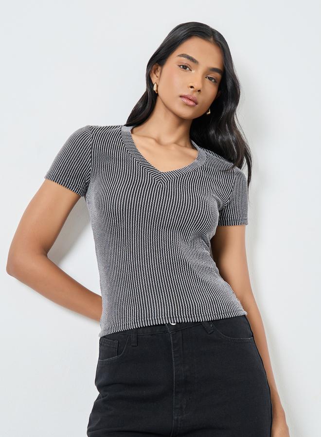 Take Two Striped Textured V-Neck Knitted Top - Image 3