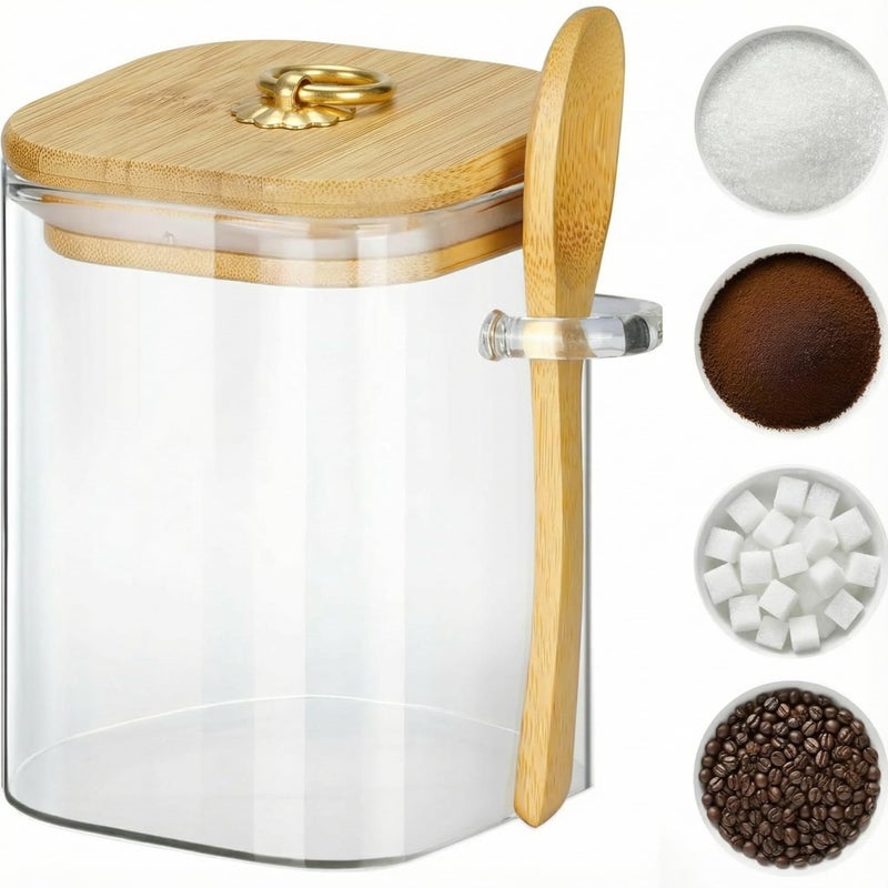 holoith Glass Jars with Bamboo Lids and Spoons, 16 oz Glass Storage Containers with Lids for Dry Food Storage Sugar, Coffee, Nuts, Cookie, Candy, Tea, Airtight Kitchen Canisters Spice Jars - Image 1