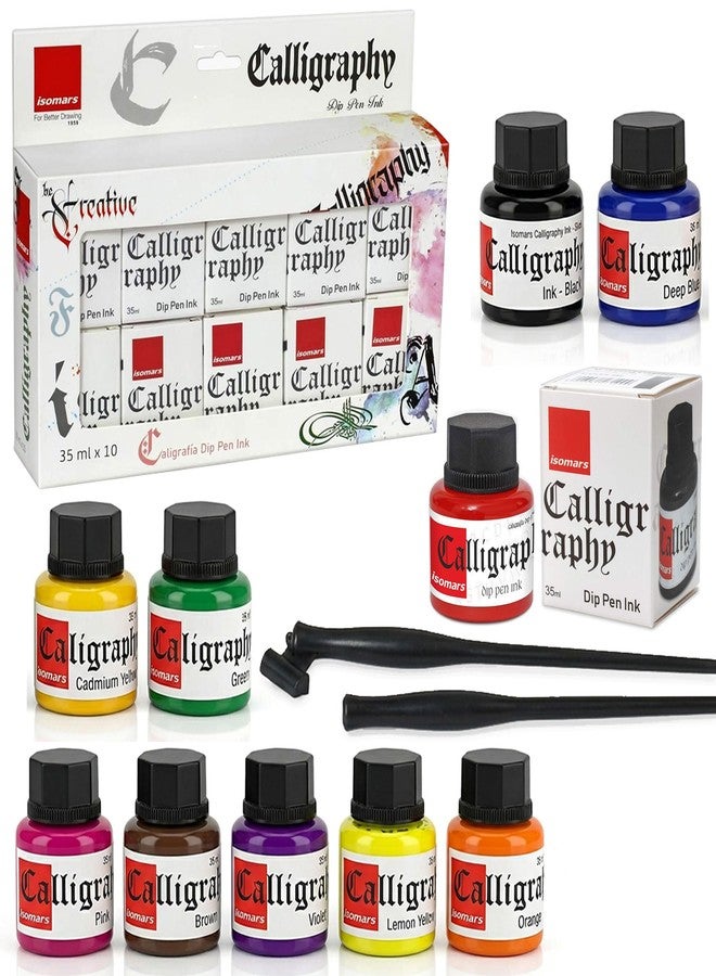 Isomars Calligraphy Ink Set of 10 Colors (35 ml Each) with Free Straight & Oblique Pen Holders | Pigmented Dip Pen Ink for Calligraphy, Drawing, Journaling, Sketching & Art Projects - Image 1