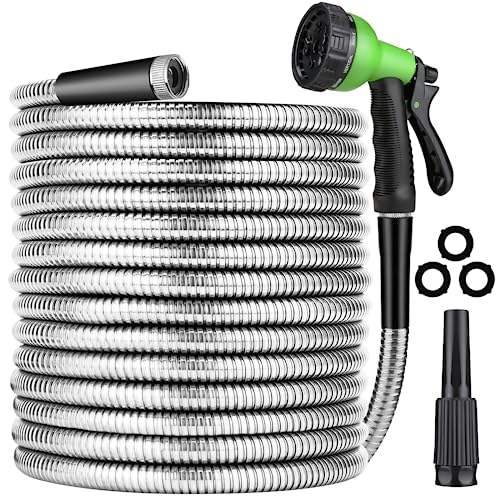 JAMIEWIN Metal Hose 50 FT, Garden Hose with 10 Function Sprayer Nozzle & Adjustable Nozzle, Garden Hose Rust Proof Kink Free & Tangle Free Flexible for Lawn, Car, RV, and Outdoor Watering - Image 1
