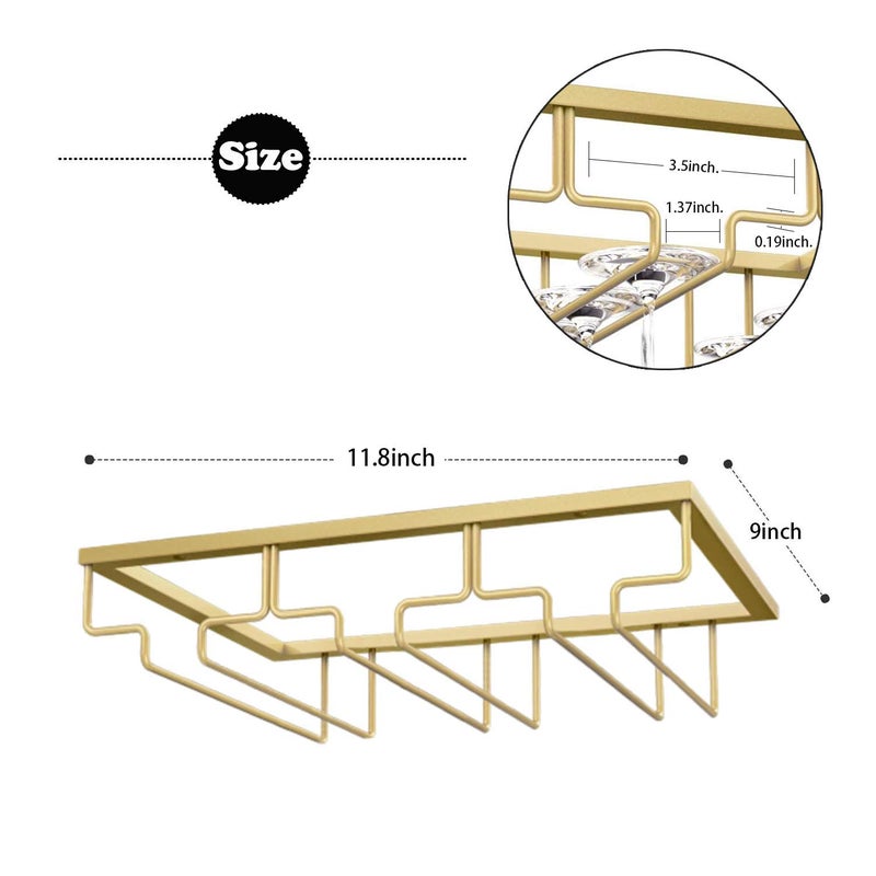 MATILODI Wine Glass Rack - Under Cabinet Stemware Wine Glass Holder - Wine Glasses Storage Hanger Metal Organizer for Cabinet Kitchen Bar (Gold, 3 Rows 2 Pack) - Image 2