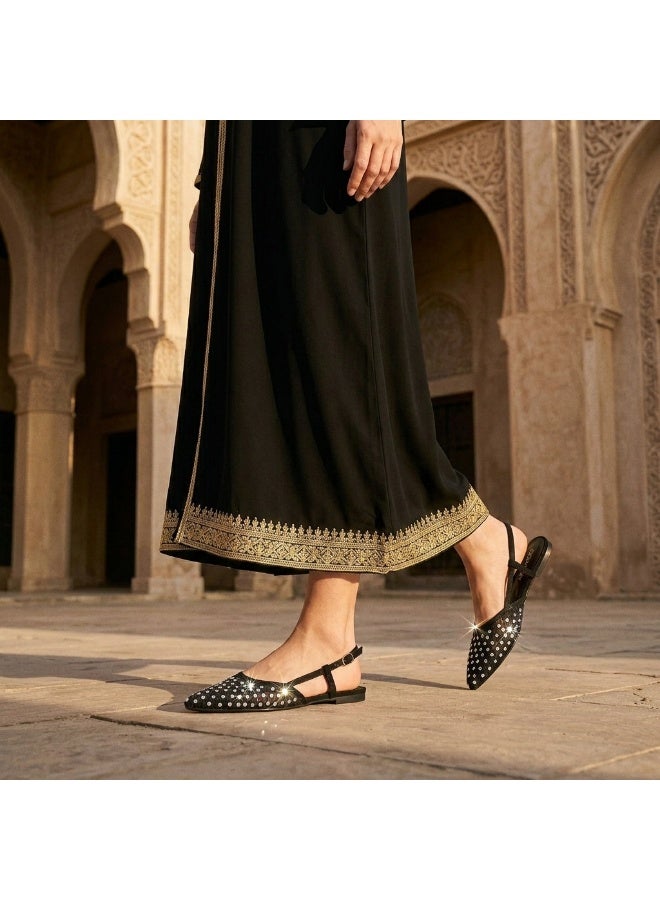 Women's Black Mesh Slingback Flats with Rhinestones, Pointed Toe - Image 1