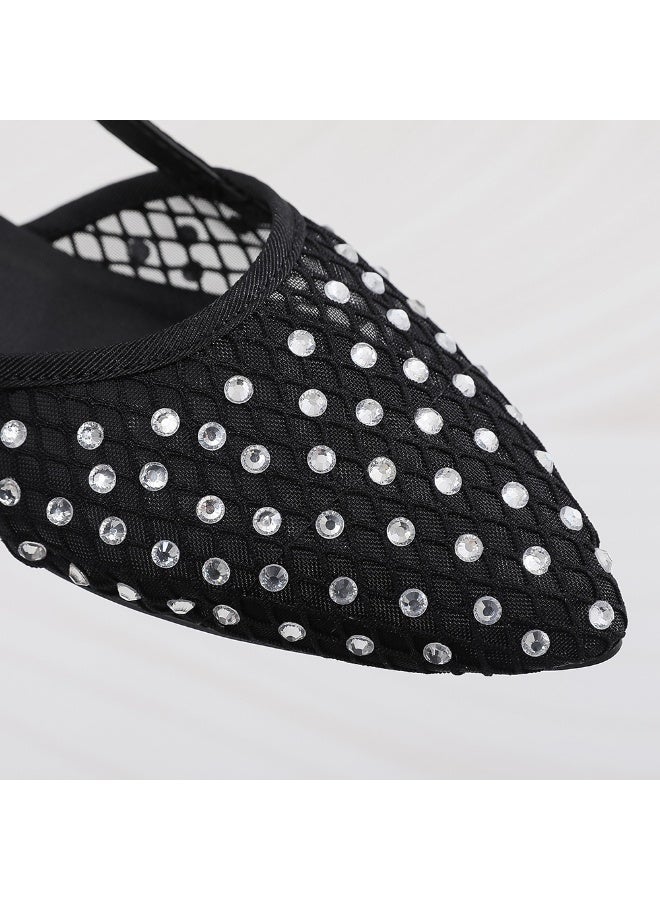 Women's Black Mesh Slingback Flats with Rhinestones, Pointed Toe - Image 3