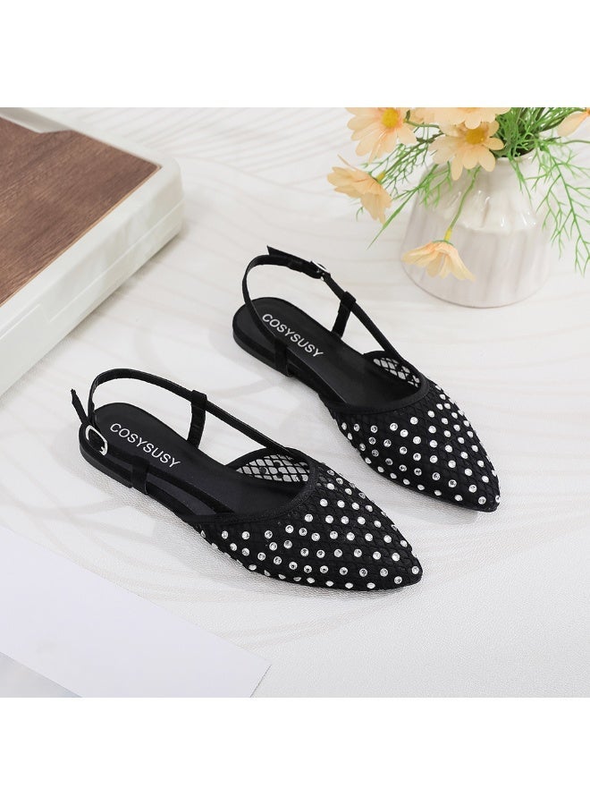 Women's Black Mesh Slingback Flats with Rhinestones, Pointed Toe - Image 4