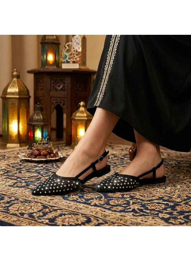 Women's Black Mesh Slingback Flats with Rhinestones, Pointed Toe - Image 2