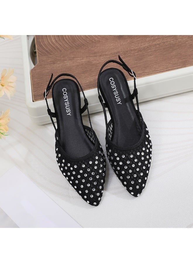 Women's Black Mesh Slingback Flats with Rhinestones, Pointed Toe - Image 5