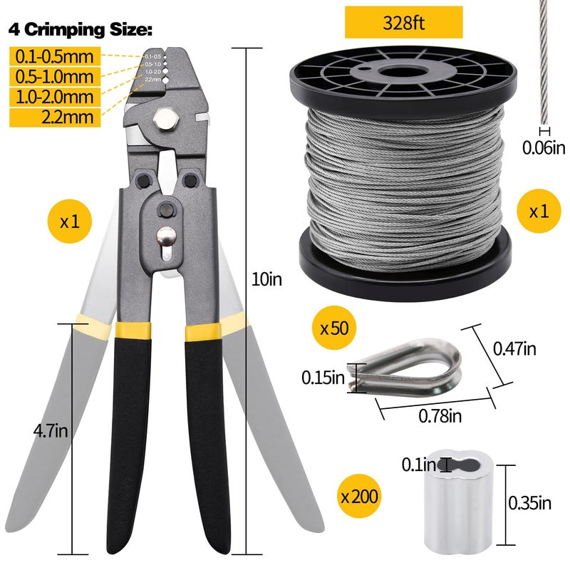 FGBNM 328ft Wire Rope Crimping Tool Kit, 1/16" Stainless Steel Wire Rope Cable with Aluminum Crimping Sleeves and Stainless Steel Thimbles for Railing, Decking, Picture Hanging - Image 2