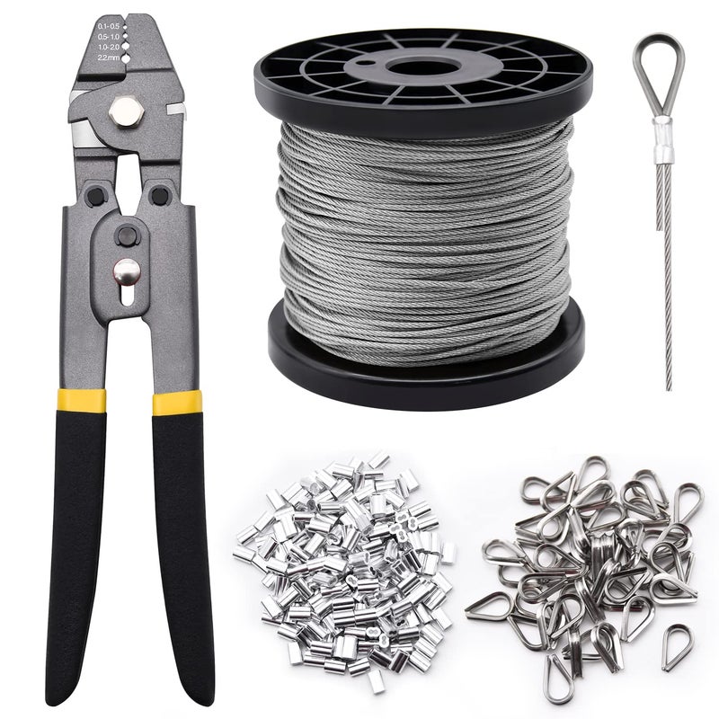 FGBNM 328ft Wire Rope Crimping Tool Kit, 1/16" Stainless Steel Wire Rope Cable with Aluminum Crimping Sleeves and Stainless Steel Thimbles for Railing, Decking, Picture Hanging - Image 1