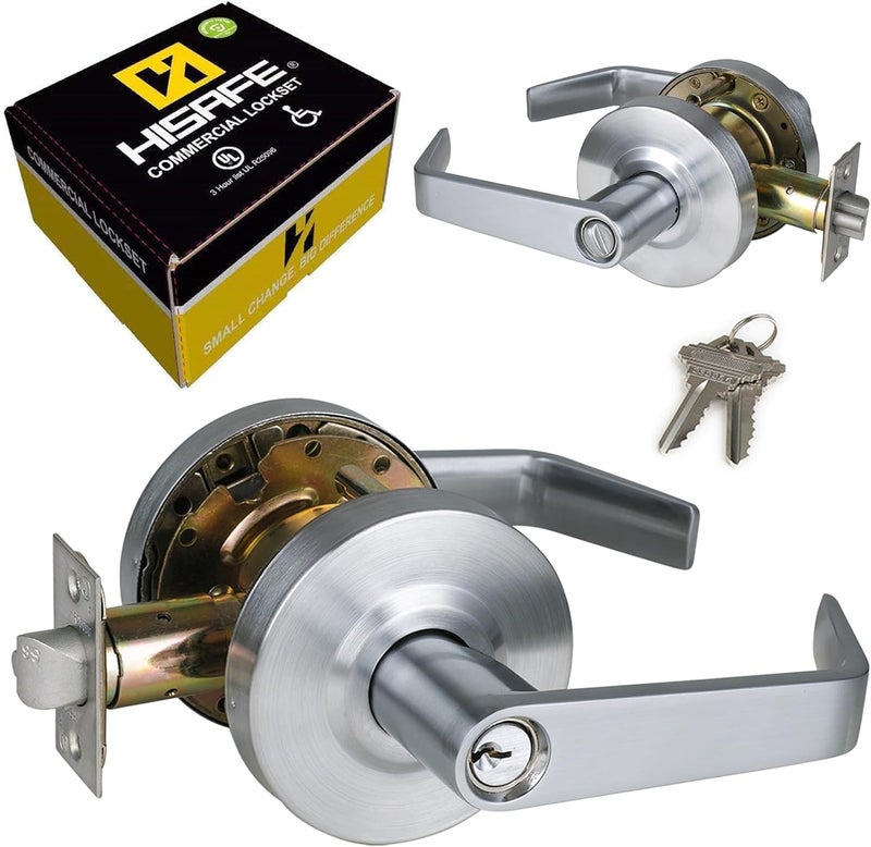 HISAFE Keyed Entry Grade 2 Commercial Door Locks Heavy Duty Office Door Lever, Non-Handed, UL 3 Hour Fire Rated, ADA Compliant, Satin Chrome Finish 26D, 2-3/4''Backset X-XG-ET-70 - Image 1