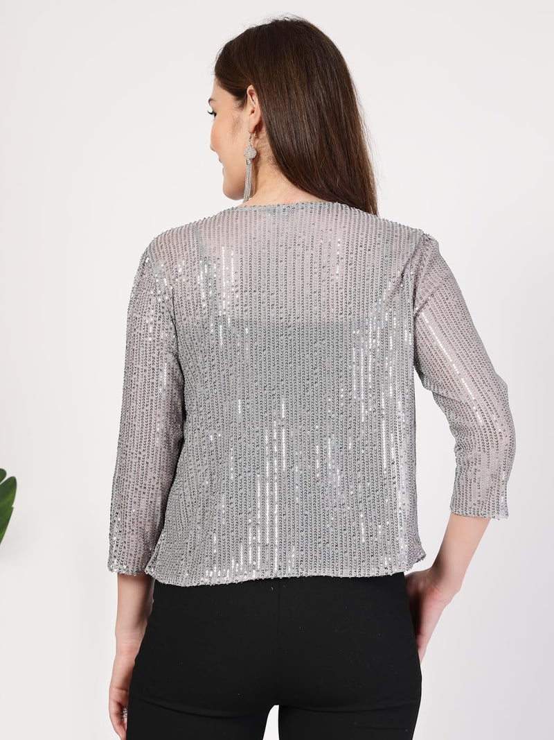 Style Quotient Women Silver Grey Sequins Shrug - Image 4