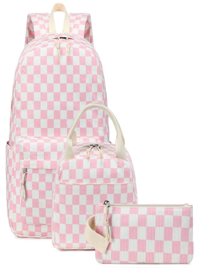 Bluboon School Backpack Teens Girls Boys Kids School Book Bags with Lunch Box Pencil Bag, Pink Checked-3 - Image 1