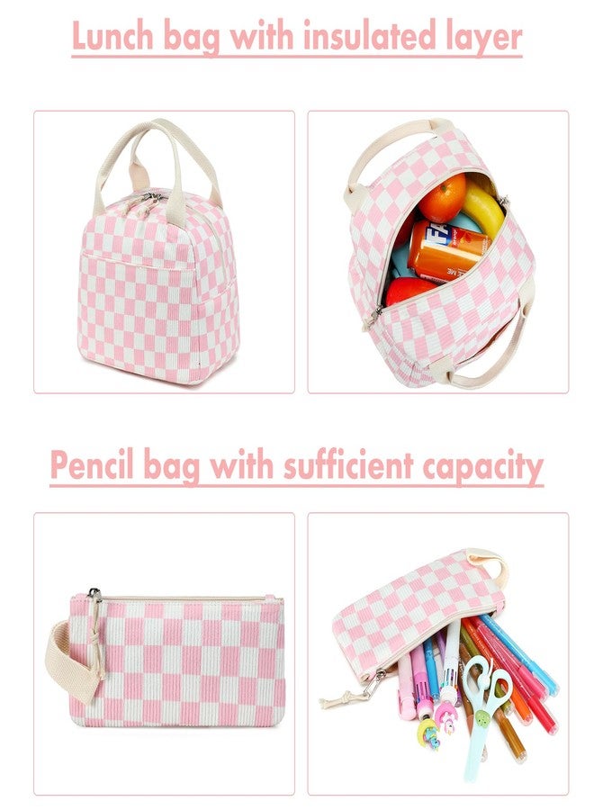 Bluboon School Backpack Teens Girls Boys Kids School Book Bags with Lunch Box Pencil Bag, Pink Checked-3 - Image 3