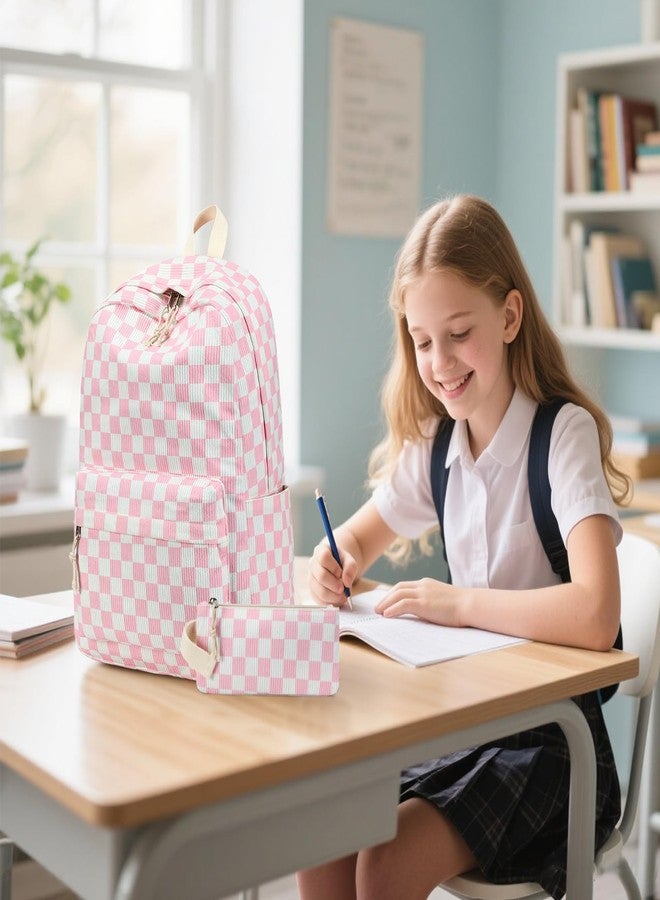 Bluboon School Backpack Teens Girls Boys Kids School Book Bags with Lunch Box Pencil Bag, Pink Checked-3 - Image 5