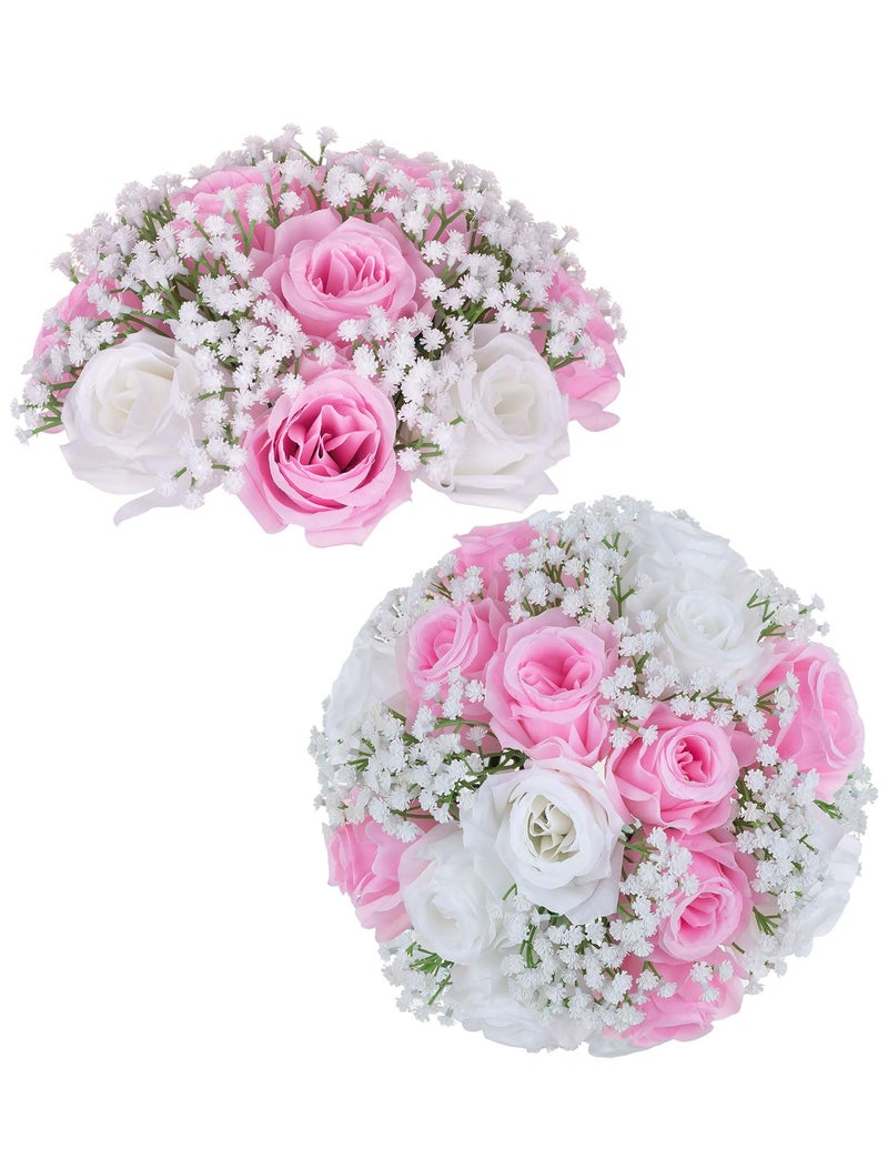 BLOSMON Fake Flowers Ball Centerpieces: 2 Pcs Pink Rose Babys Breath Artificial Flowers Wedding Decoration for Table Silk Kissing Floral Bouquet Arrangements for Home Party DIY Decor - Image 1