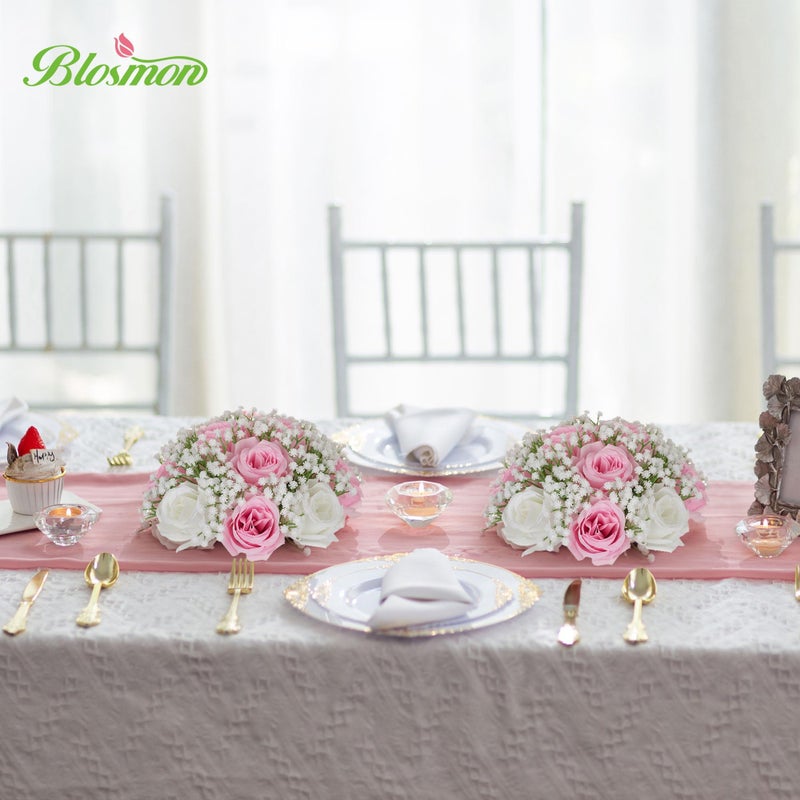 BLOSMON Fake Flowers Ball Centerpieces: 2 Pcs Pink Rose Babys Breath Artificial Flowers Wedding Decoration for Table Silk Kissing Floral Bouquet Arrangements for Home Party DIY Decor - Image 2